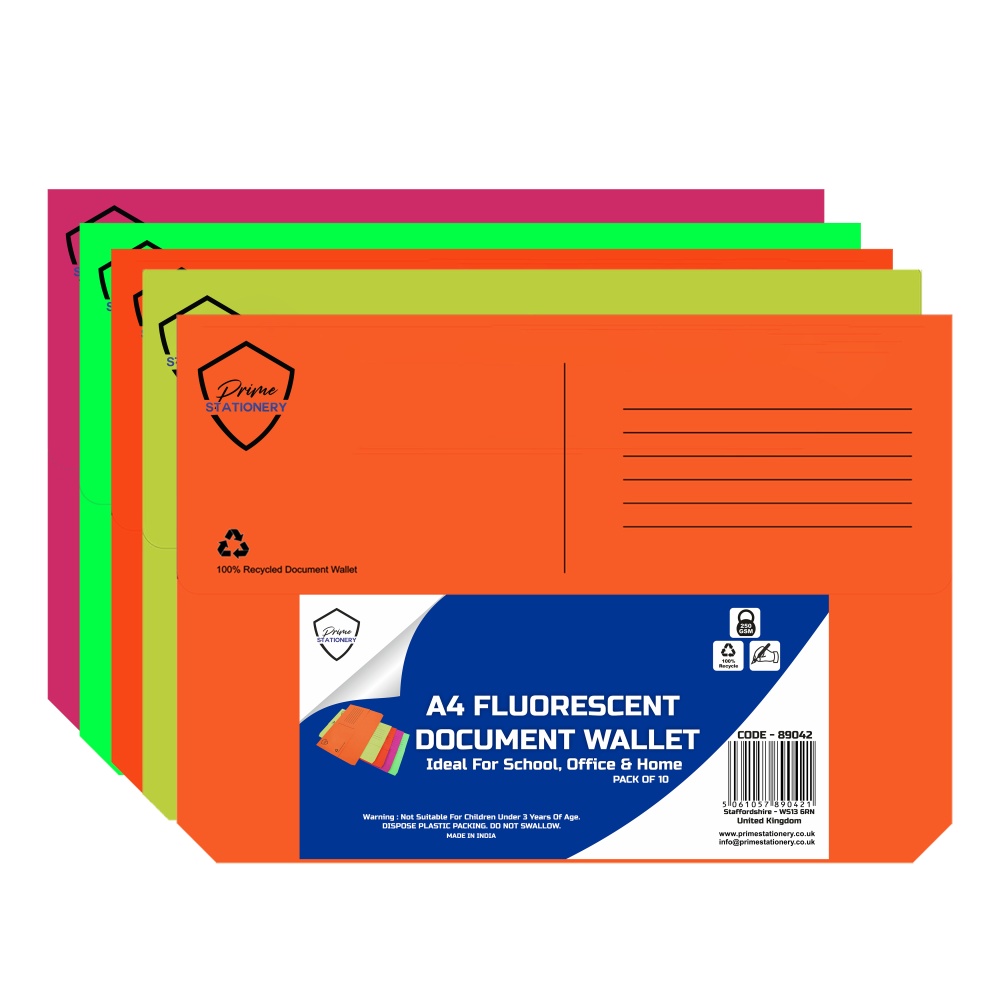 Prime A4 Fluorescent Document Wallet Pack of 10